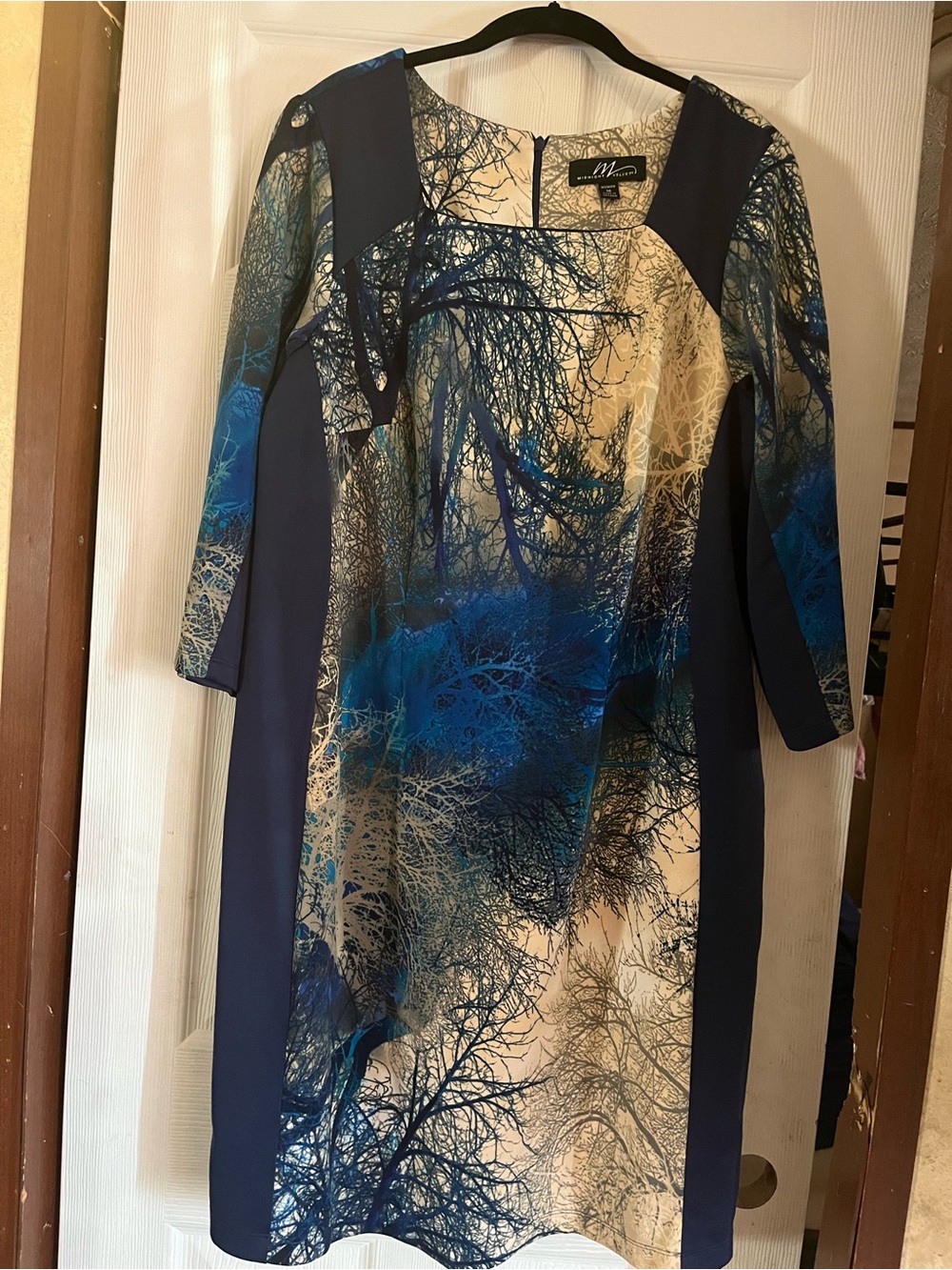 Midnight Velvet Abstract Blue Forest Print Sheath Dress - Size 16